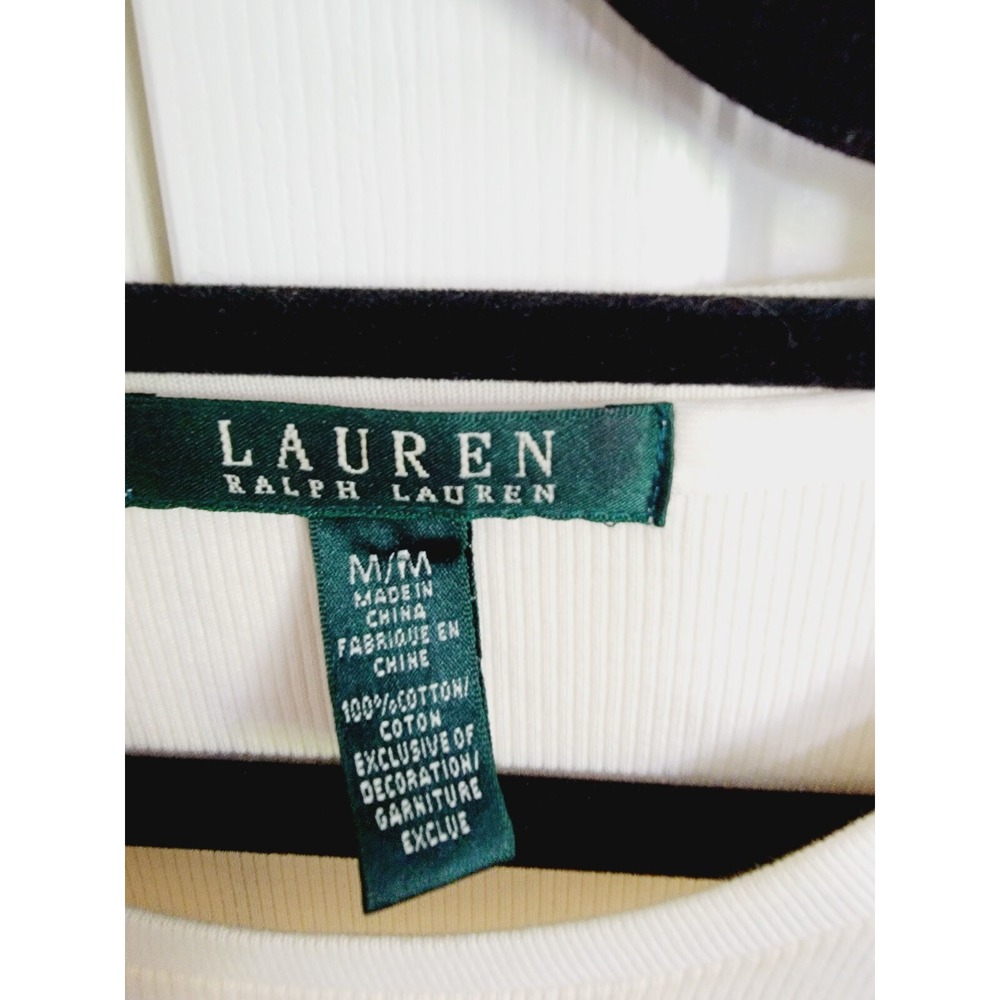 Lauren Ralph Lauren M Cream Ribbed Knit Suede Lace Up Shoulder Top Medium - Picture 5 of 9